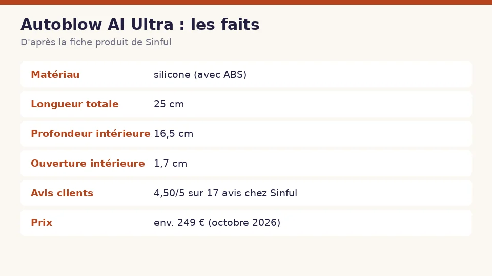 Fiche des faits sur Autoblow AI Ultra d’après la fiche produit de Sinful : matériau , longueur totale , profondeur intérieure  et ouverture intérieure  en un coup d’œil