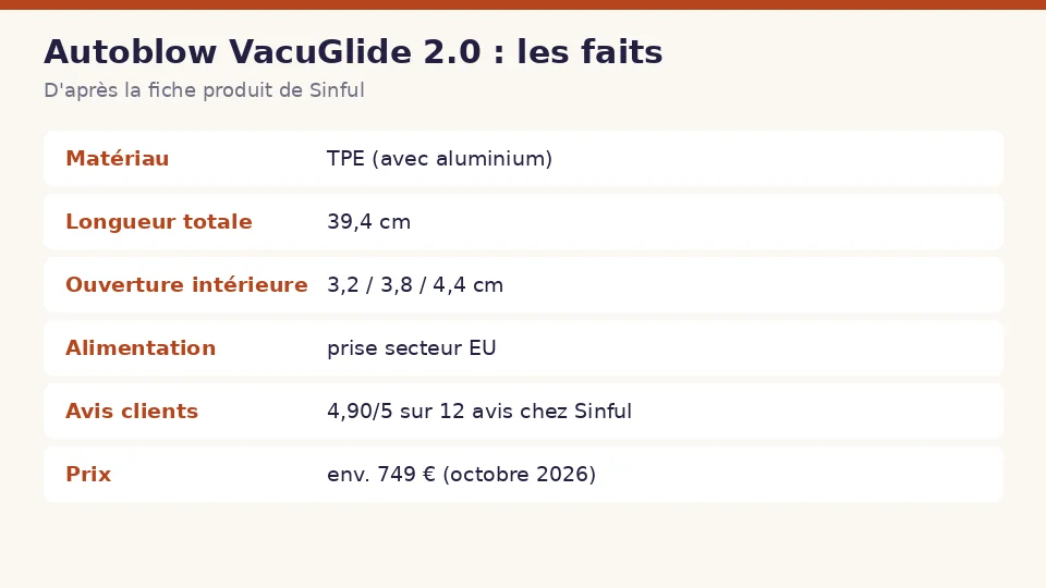 Fiche des faits sur Autoblow VacuGlide 2.0 d’après la fiche produit de Sinful : matériau , longueur totale , ouverture intérieure  et alimentation  en un coup d’œil