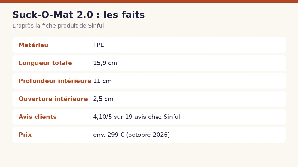 Fiche des faits sur Suck-O-Mat 2.0 d’après la fiche produit de Sinful : matériau , longueur totale , profondeur intérieure  et ouverture intérieure  en un coup d’œil