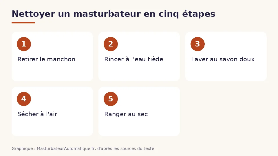Nettoyer un masturbateur automatique en cinq étapes : retirer le manchon, rincer à l'eau tiède, laver au savon doux, sécher à l'air et ranger au sec